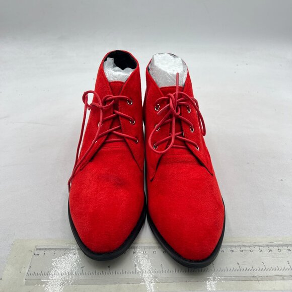 YDN Red Low Heel Pointy Toe Lace Up Chukka Ankle Boots Fall Winter Booties - Picture 3 of 8